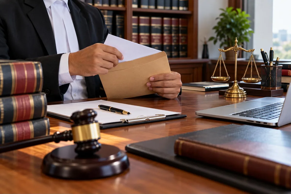 Legal notice in India - advocate's desk with a formal letter, law books, a fountain pen and scales of justice - key points