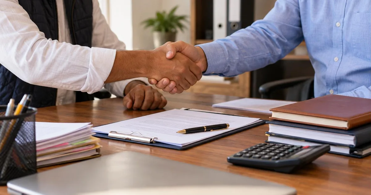 Partnership deed key clauses - two business partners shaking hands over a signed partnership agreement