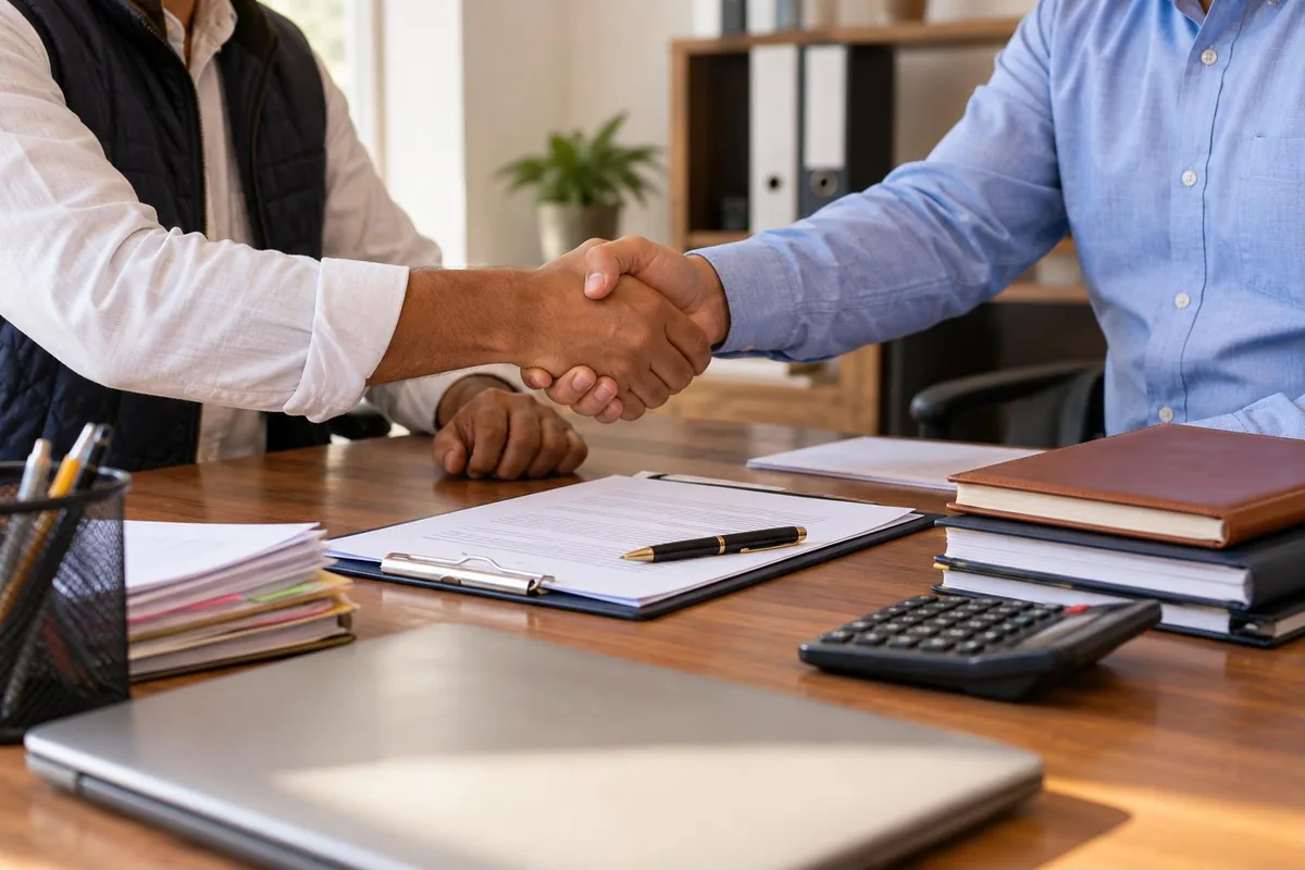 Partnership deed key clauses - two business partners shaking hands over a signed partnership agreement - key points