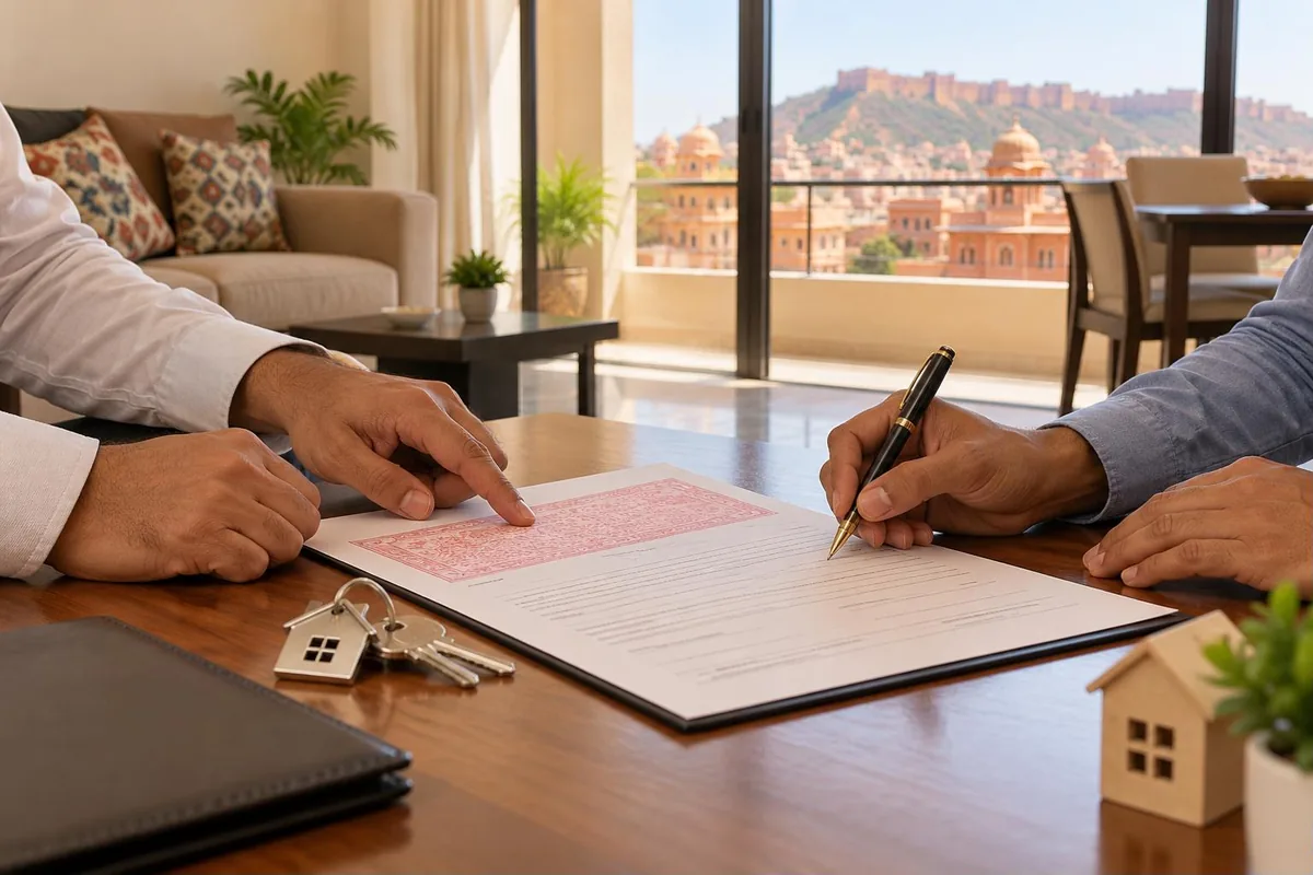 Rent agreement in Jaipur - landlord and tenant signing a rental agreement with house keys on the table - key points